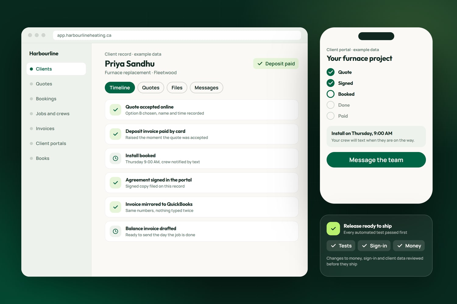Custom software with example data: one client record running from an accepted quote to the books, the client's own portal on a phone, and a release that passed every test before it shipped
